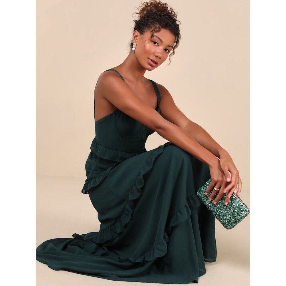 NWT Lulus Sincerely Poised Emerald Backless Bustier Tiered Maxi Dress Medium - Picture 3 of 9
